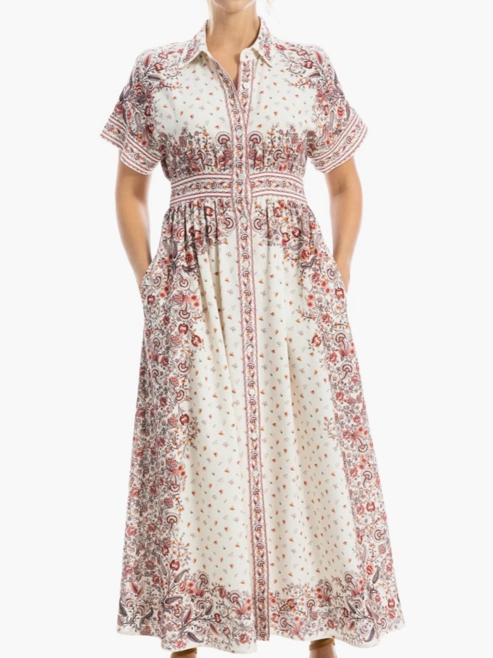 Maxi Shirt Dress with Red Paisley Print - Women